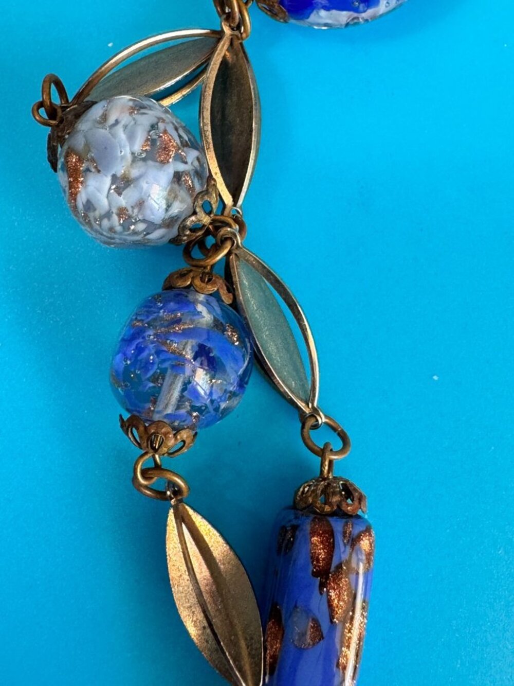 Vintage Venetian Murano Wedding Cake Glass Bead Necklace Blue Aventurine 17" - Picture 15 of 16